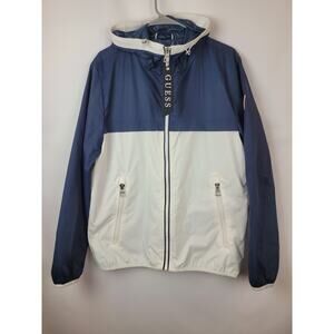 Guess Colorblock Hooded Windbreaker Zipped Pockets White Navy Mens Size Medium